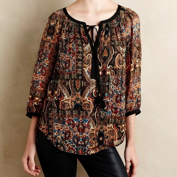 Anthropologie Tops - Anthropologie Sz M Metallic Shimmer Peasant Blouse by Meadow Rue EUC